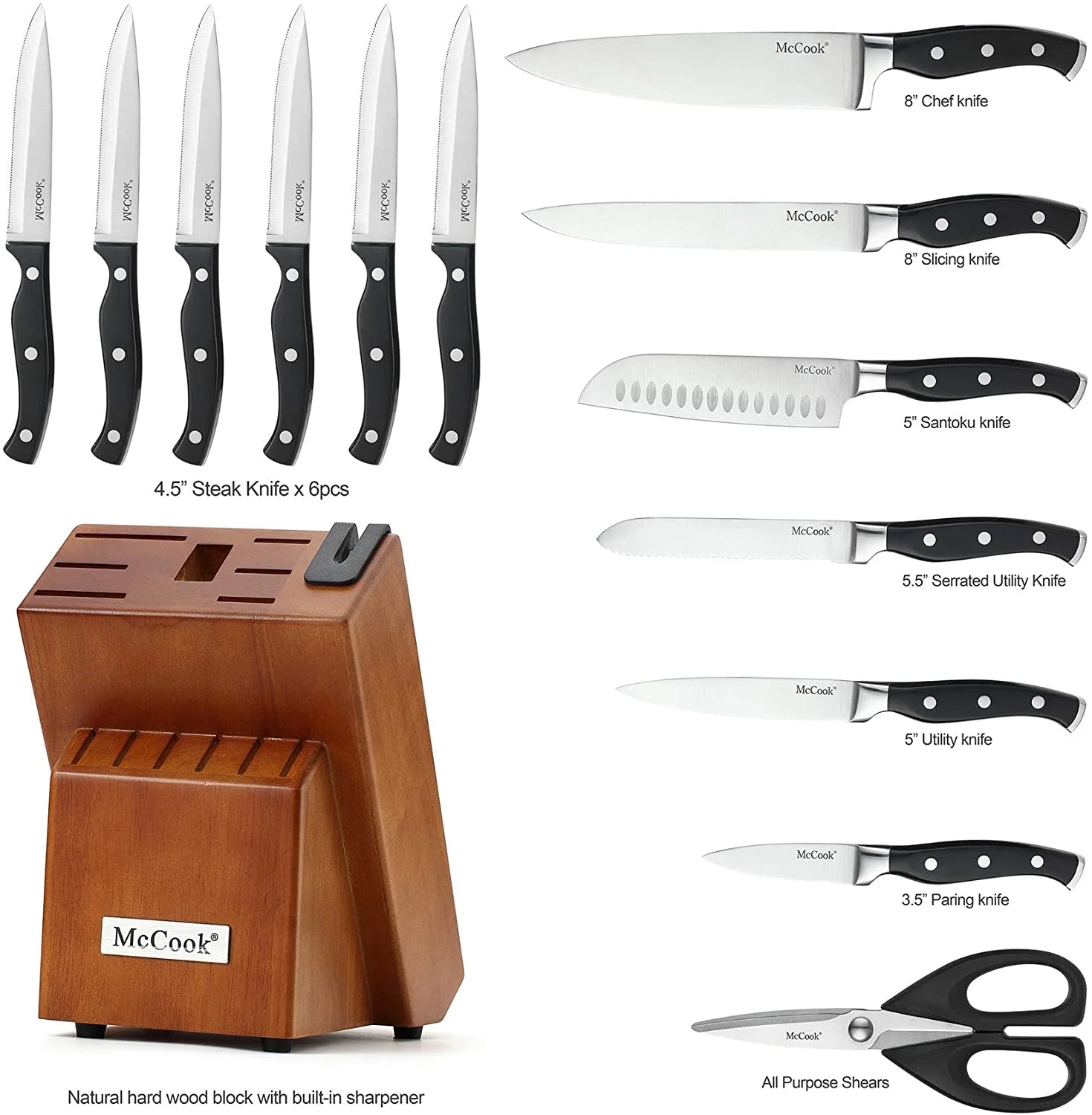 McCook MC23A 15-Piece Kitchen Knife Block Set with Built-in Sharpener V1329