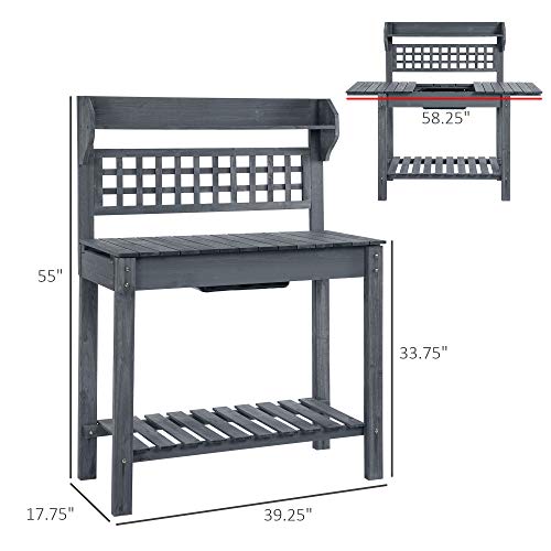 Outsunny Wooden Potting Bench Table with Sliding Tabletop and Storage Shelf M52235