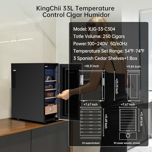 KingChii 16L Electric Cigar Humidor Cabinet with Temperature Control and Spanish Cedar Shelves H300