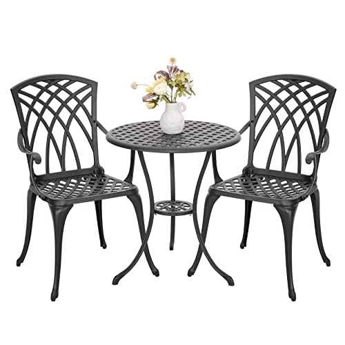 NUU GARDEN 3 Piece Cast Aluminum Bistro Set with Umbrella Hole, Black N80118
