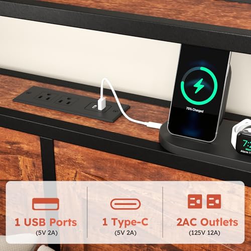 Full Size Bed Frame with Headboard, LED Lights, 4 Storage Drawers, Charging Station, Black C93321