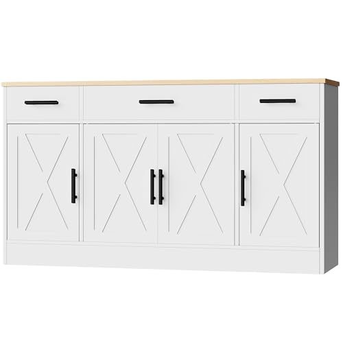 Shintenchi Buffet Cabinet with Storage,53.4" Large Kitchen Storage Cabinet with 3 Drawers and 4 Doors,Wood Farmhouse Buffet Sideboard with Adjustable Shelf for Kitchen Living Room,White