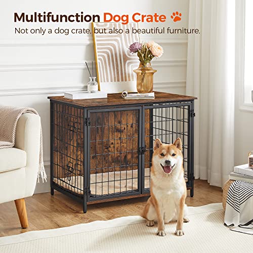 Wooden Dog Crate Furniture with Cushion, Double Doors, Greige X29262
