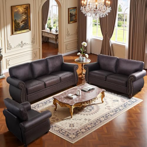 Mid-Century 3-Seater Sofa with Rivet Design, Removable Cover and Solid Wood Frame I150