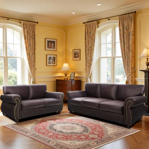 Mid-Century 3-Seater Sofa with Rivet Design, Removable Cover and Solid Wood Frame I150