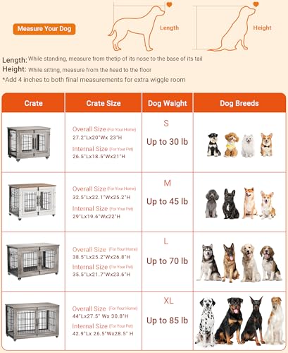 Lulive Dog Crate Furniture for Medium Dogs, 32" Wooden Kennel with Cushion & Wheels, Grey D230281