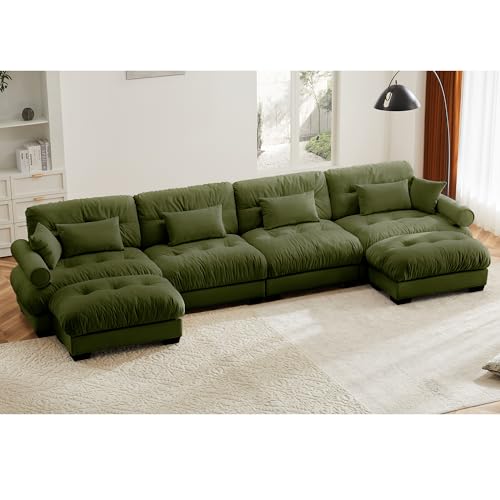 130" Modular Sectional Sofa with Movable Ottoman, Velvet Upholstered, Green Y4976