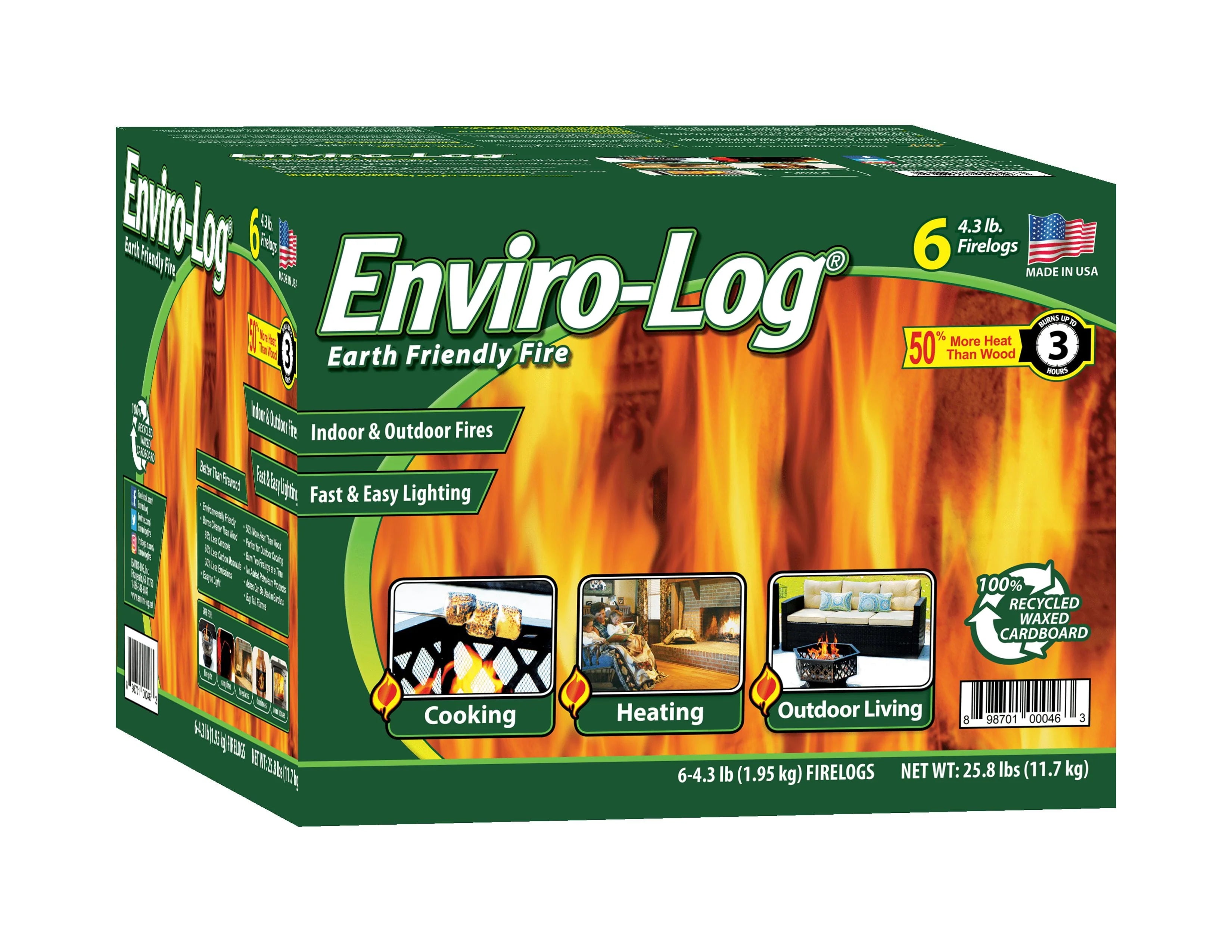 Enviro-Log Indoor and Outdoor Fire Wood, 4.3 lb Firelogs, 25.8 lbs, 6 Count