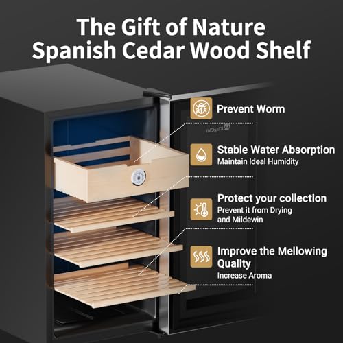 KingChii 16L Electric Cigar Humidor Cabinet with Temperature Control and Spanish Cedar Shelves H300