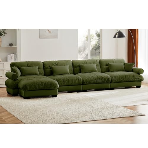 130" Modular Sectional Sofa with Movable Ottoman, Velvet Upholstered, Green Y4976