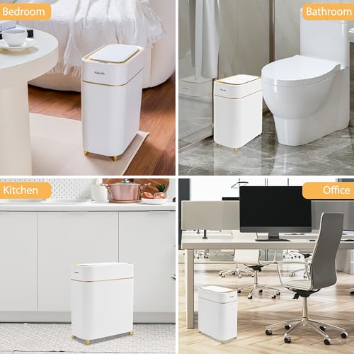 Pukomc Automatic Sensor Trash Can 2.3 Gallon Touchless Lid Quiet Close White Gold A928188
