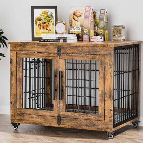Lulive Dog Crate Furniture for Medium Dogs, 32" Wooden Kennel with Cushion & Wheels, Grey D230281