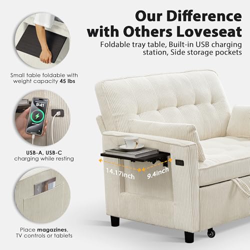 Corduroy Sleeper Sofa Bed with USB Port and Side Pockets, Beige I998