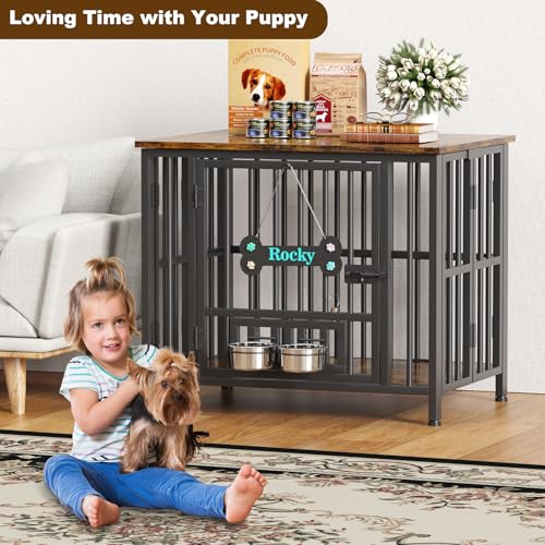 Easycom 41" Foldable Dog Crate Furniture with Adjustable Bowls, Rustic Brown M74490