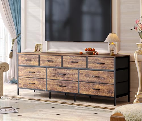 Huuger 63 Inch Dresser with 10 Fabric Drawers, Rustic Brown M836