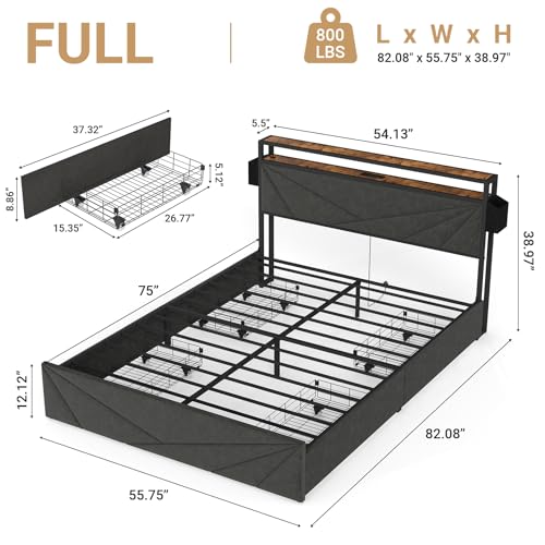 Queen Size Bed Frame with 4 Storage Drawers, LED, Charging Station, Gray L1115