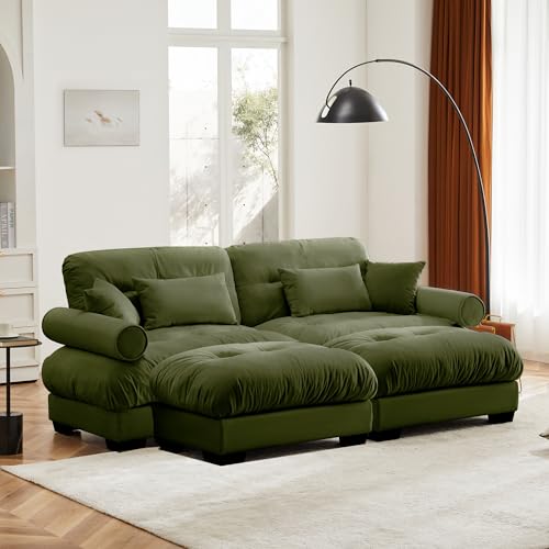 130" Modular Sectional Sofa with Movable Ottoman, Velvet Upholstered, Green Y4976