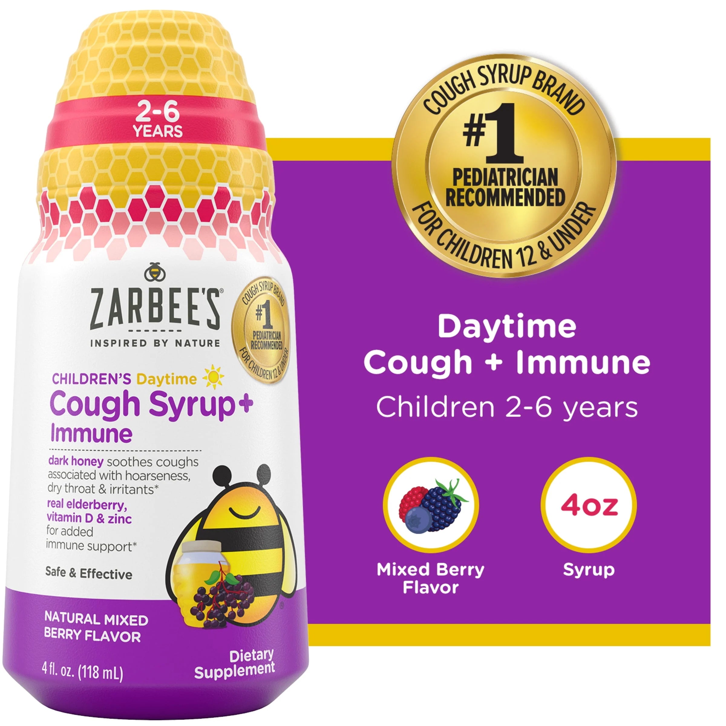 Zarbee's Kids Cough + Immune Daytime for Ages 2-6 with Honey, Vitamin D & Zinc, Mixed Berry, 4FL Oz