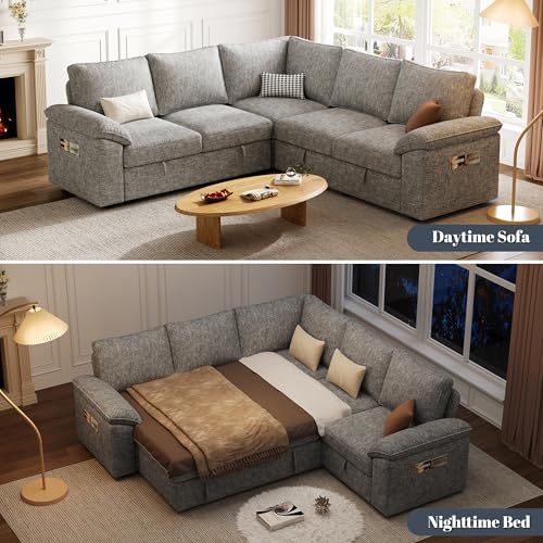 108 Inch U-Shaped Sectional Sleeper Sofa with Pull Out Bed, Dark Grey J60928