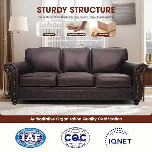 Mid-Century 3-Seater Sofa with Rivet Design, Removable Cover and Solid Wood Frame I150