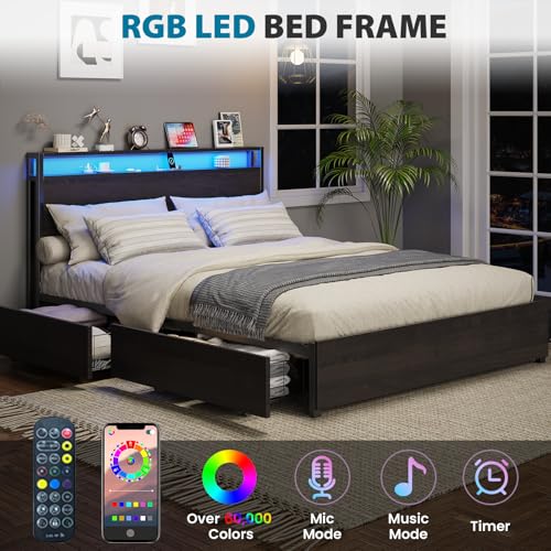 Full Size Bed Frame with Headboard, LED Lights, 4 Storage Drawers, Charging Station, Black C93321
