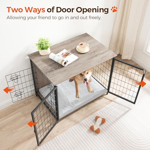 Wooden Dog Crate Furniture with Cushion, Double Doors, Greige X29262