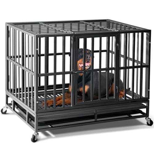 Oranland 48 inch Heavy Duty Dog Crate for Large Dogs, Double Door with Wheels J273901