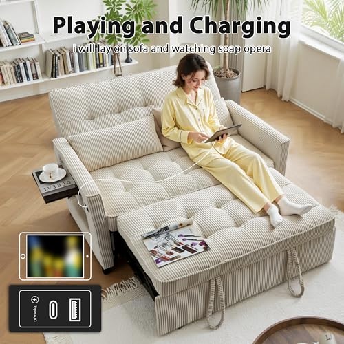 Corduroy Sleeper Sofa Bed with USB Port and Side Pockets, Beige I998