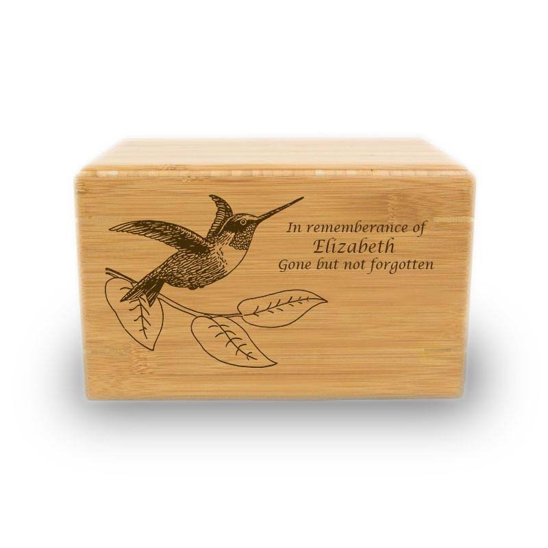 Oneworld Memorials Bamboo Box Cremation Urn - Large 200 Pounds - Natural Brown Hummingbird