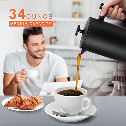 Secura French Press Coffee Maker, 34oz Stainless Steel Insulated, Silver W447