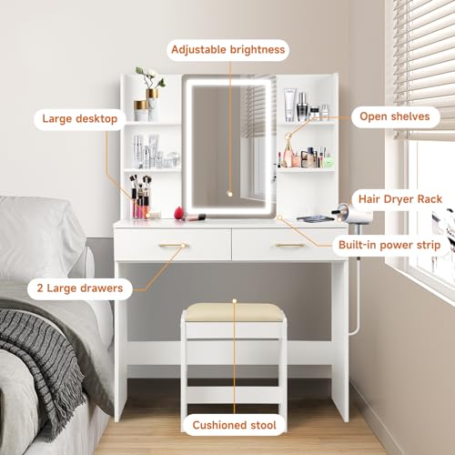 White Vanity Set with Lighted Mirror, Drawers and Stool V52922