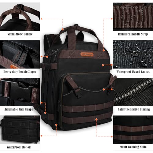 WELKINLAND 90-Pocket Electrician Backpack, Black Wax-Canvas Tool Bag, 28L V29684