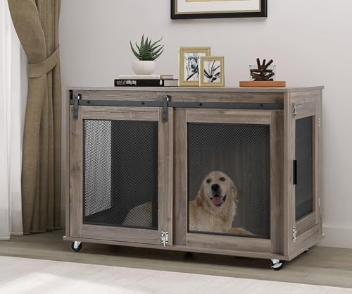 LINLUX 47 Inch XL Wooden Dog Crate Furniture with Sliding Doors and Wheels V980