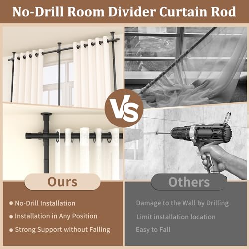 Adjustable No Drilling Room Divider Curtain Rod, Heavy Duty Metal Tension Wall Partition V7920