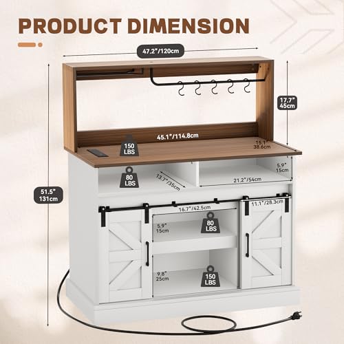 YITAHOME 47" Coffee Bar with Power Outlet & Storage, Farmhouse Sideboard Cabinet, White T961