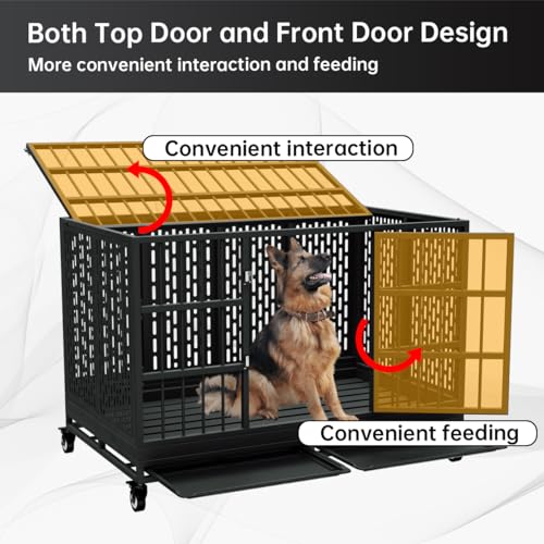 Heavy Duty Dog Crate with Wheels for Large Dogs, Folding Metal Cage with Removable Tray R395