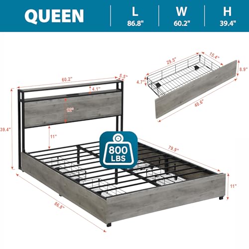Queen Size Bed Frame with 4 Storage Drawers, LED, Charging Station, Gray L1115