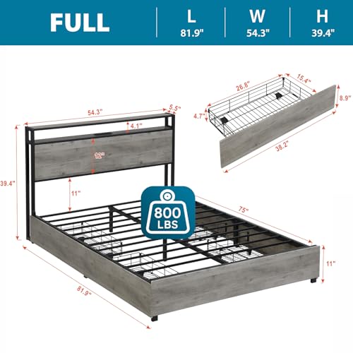 Full Size Bed Frame with Headboard, LED Lights, 4 Storage Drawers, Charging Station, Black C93321