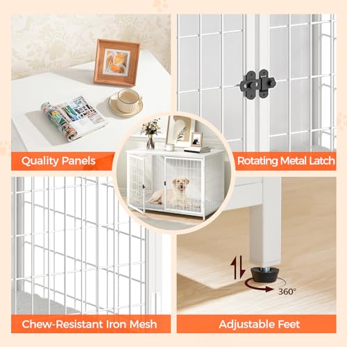 Wooden Dog Crate Furniture with Cushion, Double Doors, Greige X29262