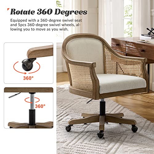 HULALA HOME Rattan Desk Chair, Upholstered Swivel Office Chair with Armrest, Ivory Z2505