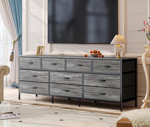 Huuger 63 Inch Dresser with 10 Fabric Drawers, Rustic Brown M836