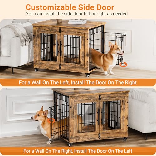 Lulive Dog Crate Furniture for Medium Dogs, 32" Wooden Kennel with Cushion & Wheels, Grey D230281