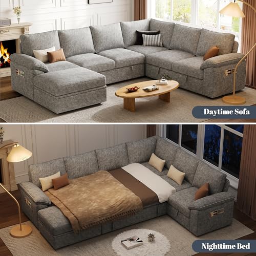 108 Inch U-Shaped Sectional Sleeper Sofa with Pull Out Bed, Dark Grey J60928