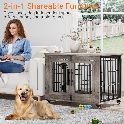 Lulive Dog Crate Furniture for Medium Dogs, 32" Wooden Kennel with Cushion & Wheels, Grey D230281
