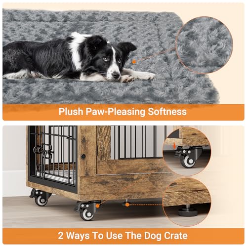 Lulive Dog Crate Furniture for Medium Dogs, 32" Wooden Kennel with Cushion & Wheels, Grey D230281