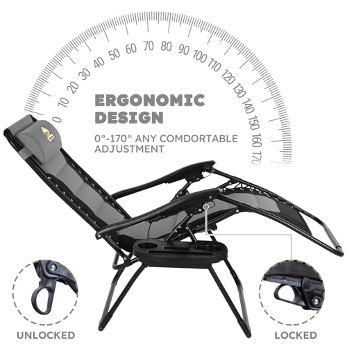 Oversized Padded Zero Gravity Lounge Chair, Foldable Patio Recliner with Cup Holder, Black A147