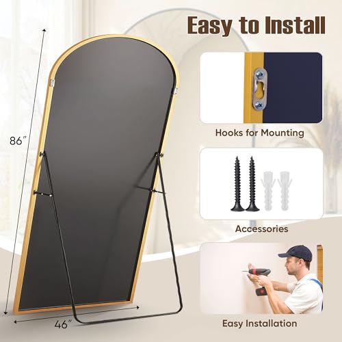 78" Oversized Arched Floor Mirror with Stand, Aluminum Frame, Black N18643