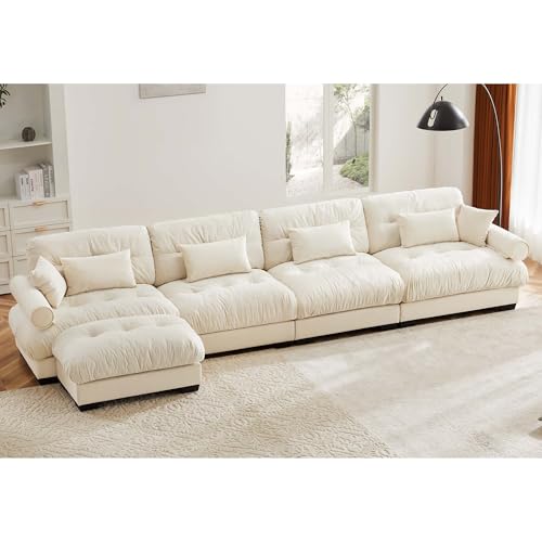 130" Modular Sectional Sofa with Movable Ottoman, Velvet Upholstered, Green Y4976