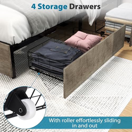 Queen Size Bed Frame with 4 Storage Drawers, LED, Charging Station, Gray L1115