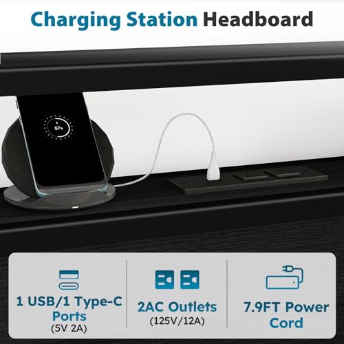 Full Size Bed Frame with Headboard, LED Lights, 4 Storage Drawers, Charging Station, Black C93321